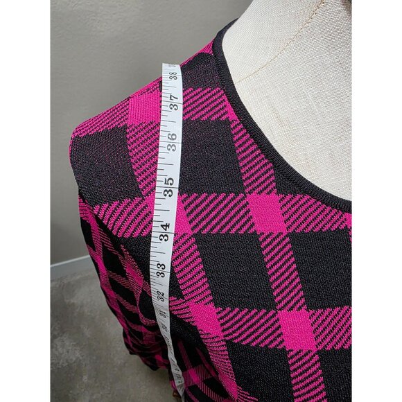 Pink & Black Plaid Long-Sleeve Cutout Dress Fitted Waist Round Neckline Stretch - Picture 3 of 10